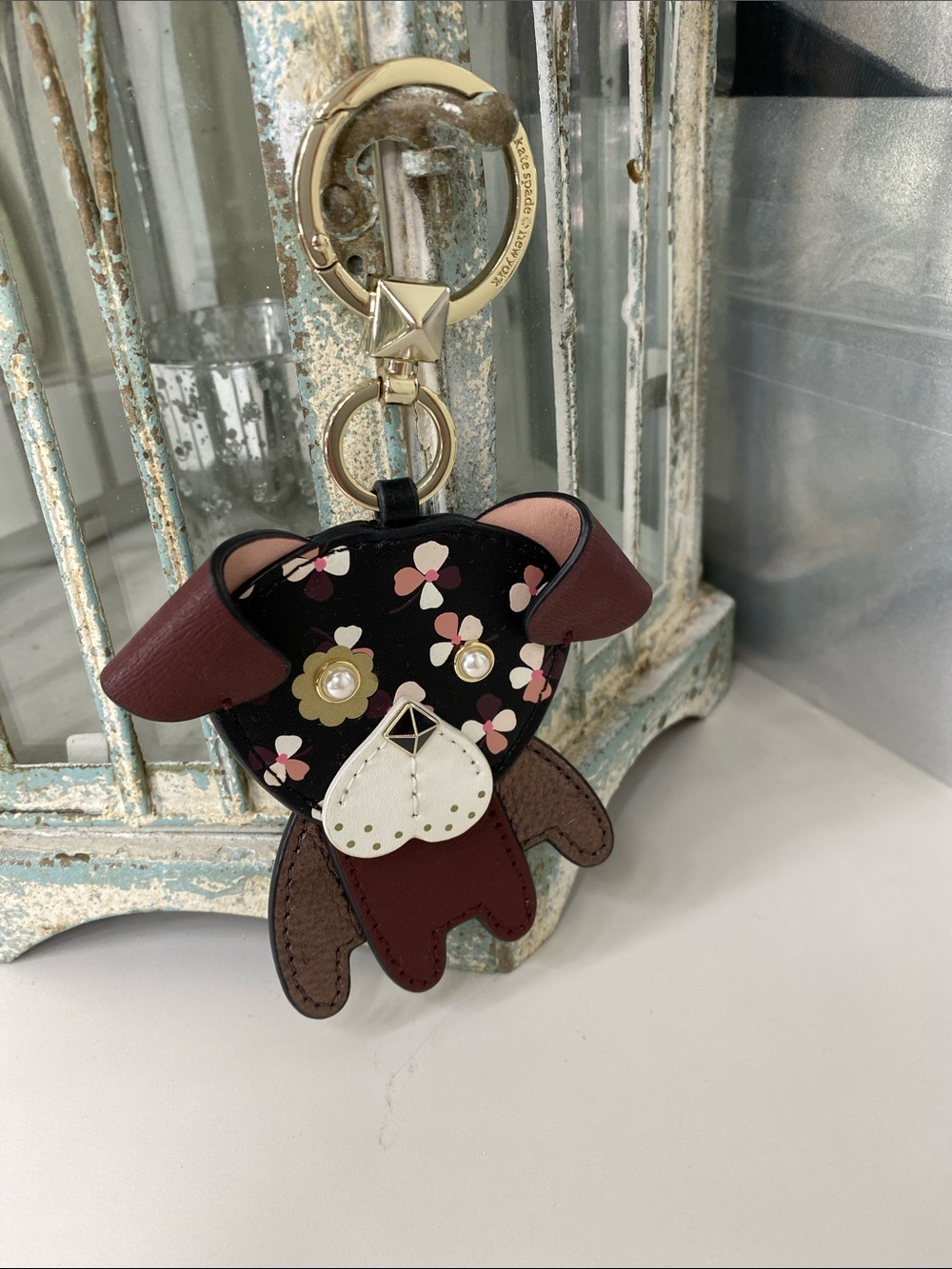 kate spade  Floral Puppy DOG Cherrywood  Keychain Charm w NWOT